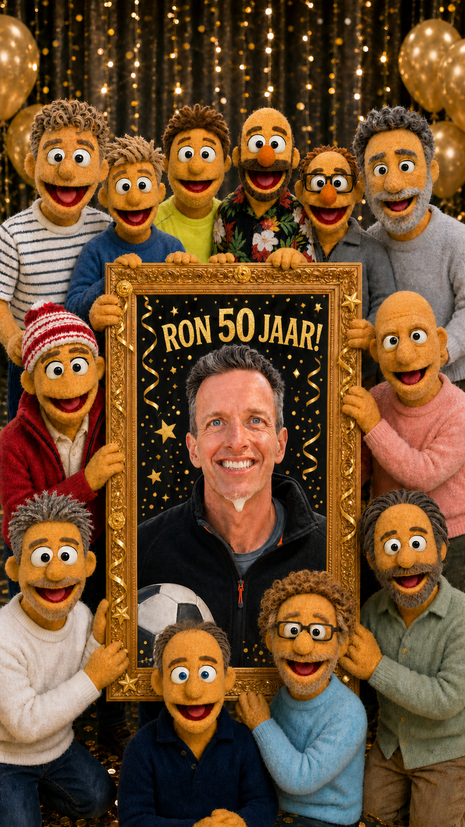 Twaalf Muppets houden een feestelijk schilderij van Ron vast met de tekst Ron 50 jaar